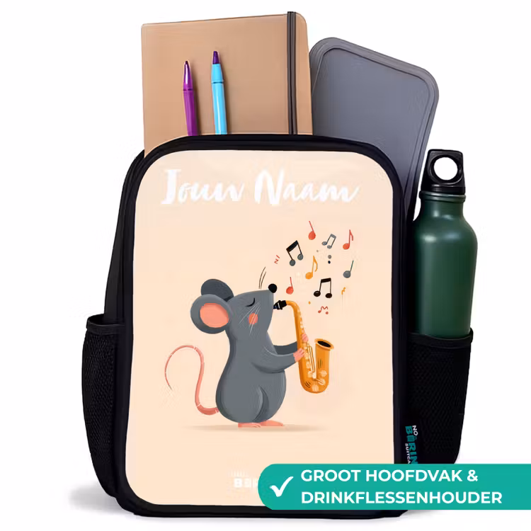 Kinderrugzak met naam - Zwart - Muis - Saxofoon - Muziek — 4