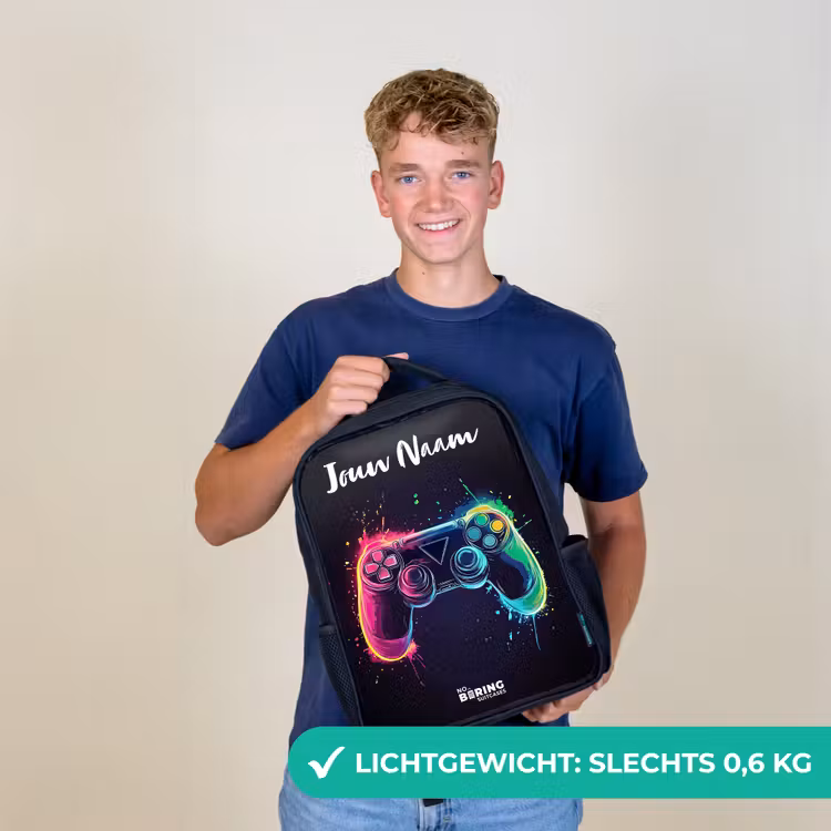 Kinderrugzak met naam - Zwart - Neon - Controller - Verfspatten - Game β 2