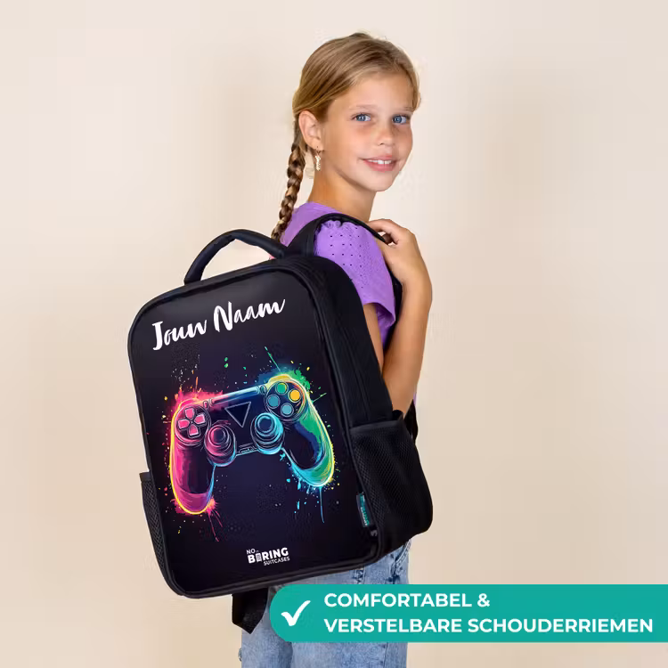 Kinderrugzak met naam - Zwart - Neon - Controller - Verfspatten - Game β 3