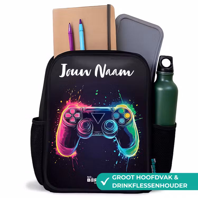 Kinderrugzak met naam - Zwart - Neon - Controller - Verfspatten - Game β 4