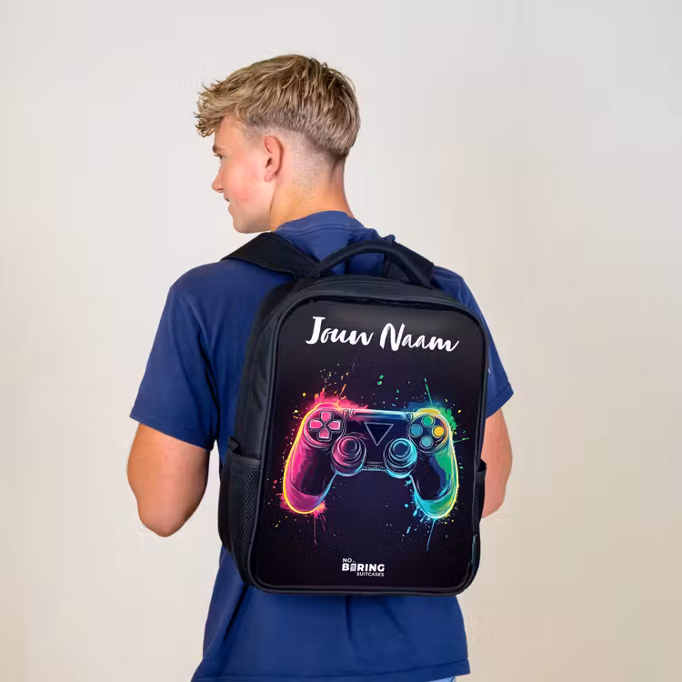 Kinderrugzak met naam - Zwart - Neon - Controller - Verfspatten - Game β 6