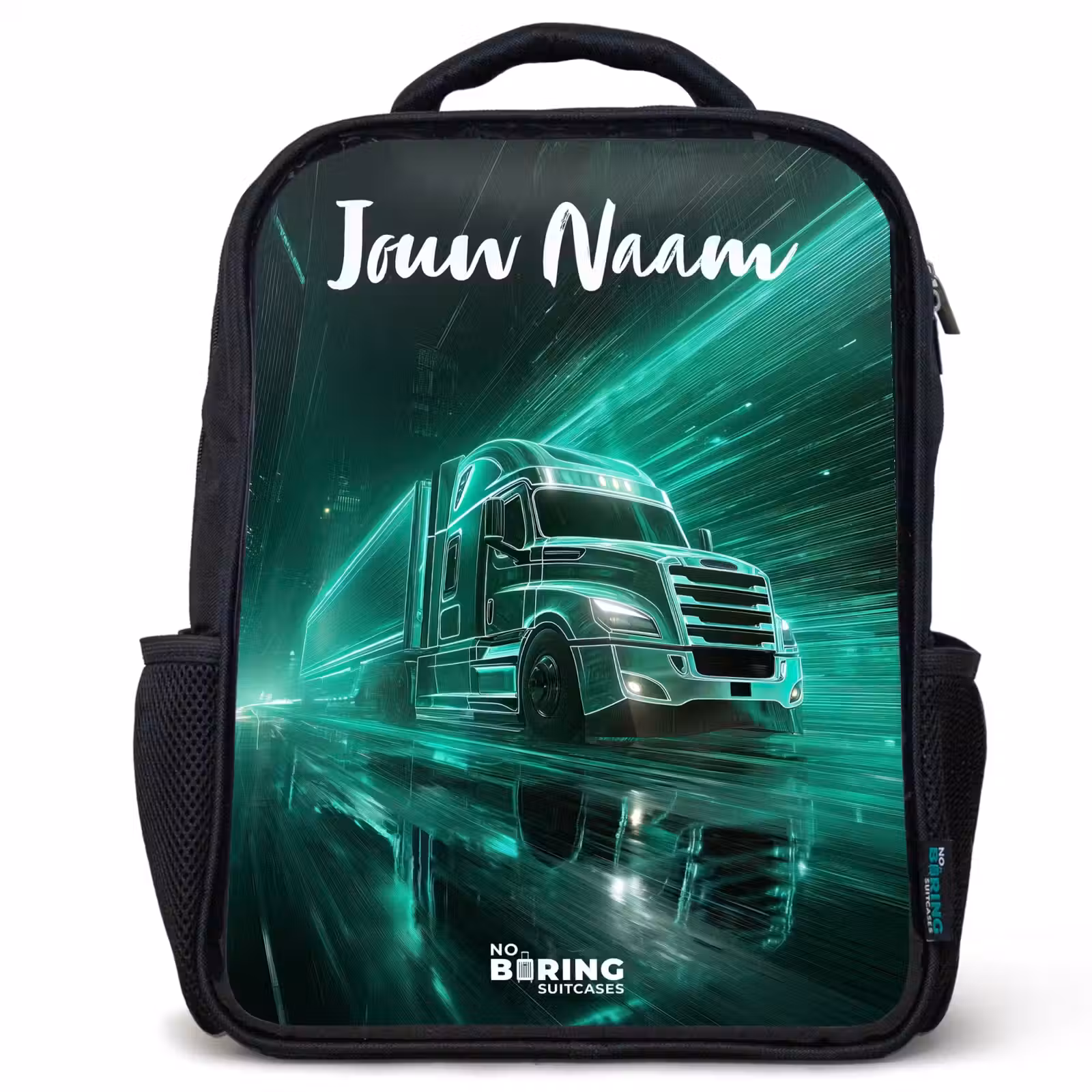 Kinderrugzak met naam - Zwart - Vrachtwagen - Stad - Groen - Neon — 1