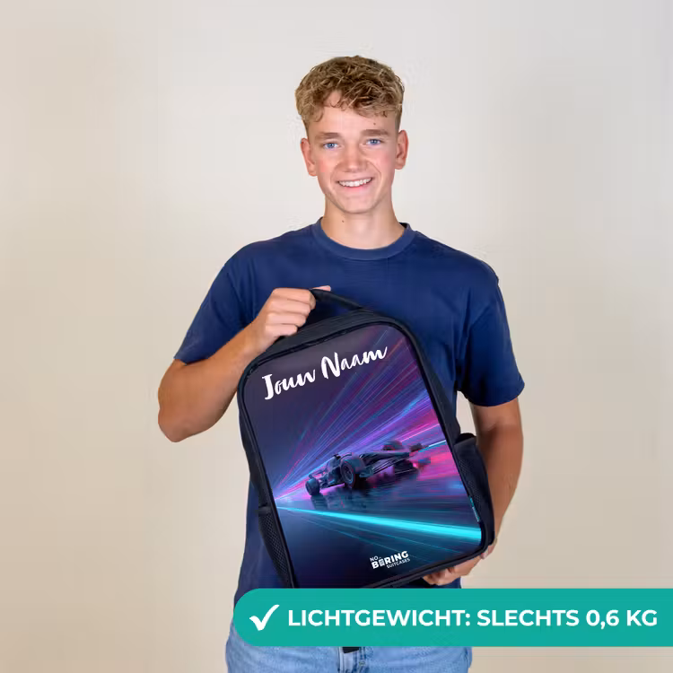 Kinderrugzak met naam - Zwart - Lichtstralen - Neon - Racewagen - Paars — 2