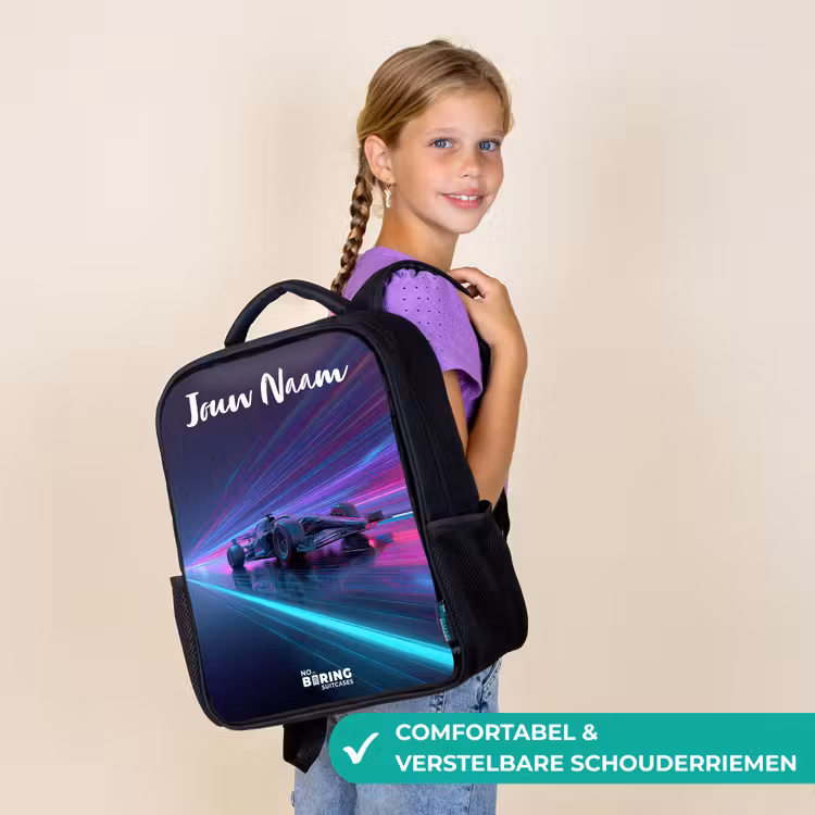 Kinderrugzak met naam - Zwart - Lichtstralen - Neon - Racewagen - Paars — 3