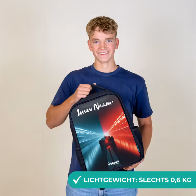 Kinderrugzak met naam - Zwart - Raceauto - Verlichting - Neon - Rood — 2