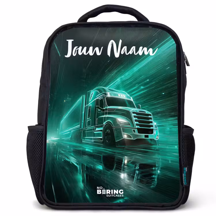 Kinderrugzak met naam - Zwart - Vrachtwagen - Stad - Groen - Neon — 1