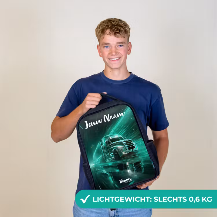 Kinderrugzak met naam - Zwart - Vrachtwagen - Stad - Groen - Neon — 2