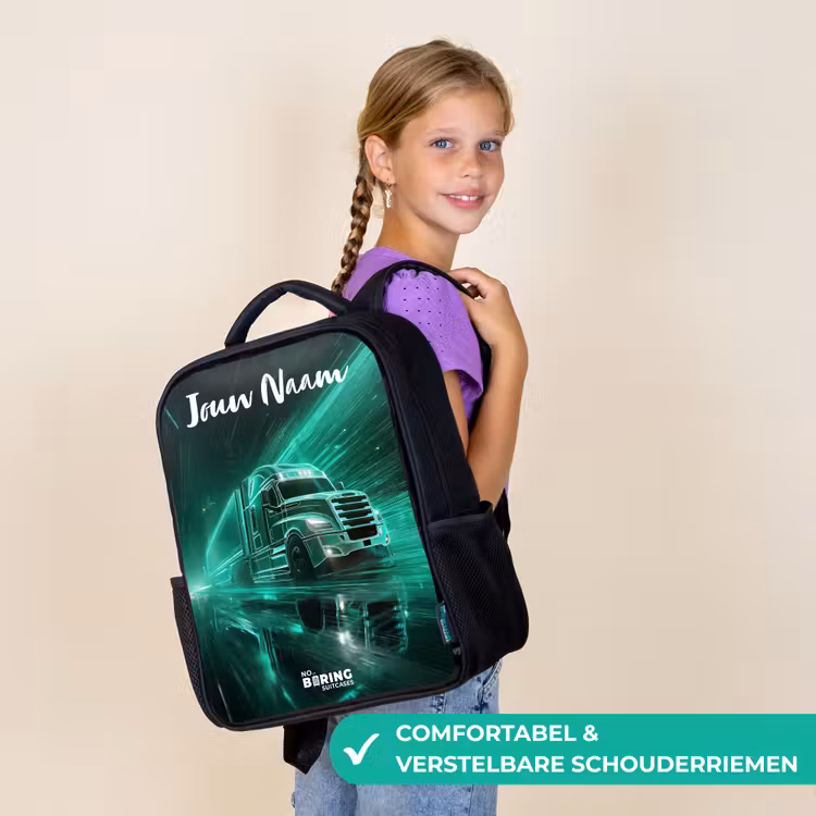 Kinderrugzak met naam - Zwart - Vrachtwagen - Stad - Groen - Neon — 3