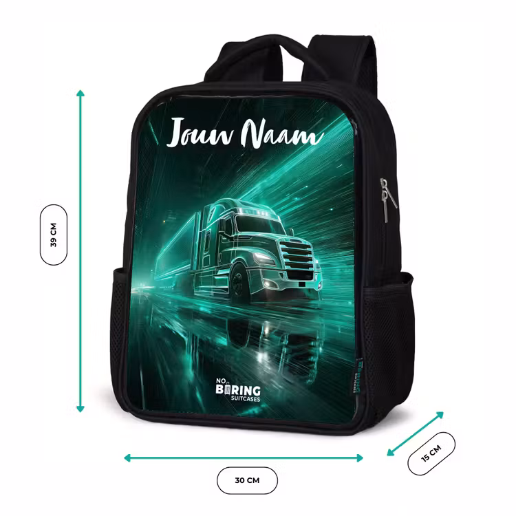 Kinderrugzak met naam - Zwart - Vrachtwagen - Stad - Groen - Neon — 5