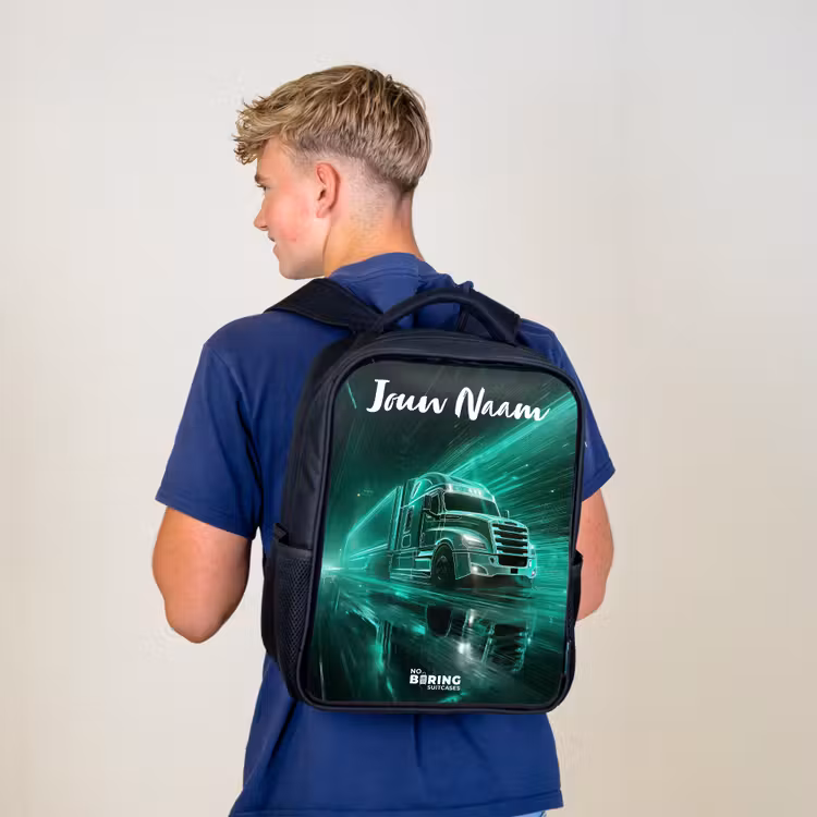 Kinderrugzak met naam - Zwart - Vrachtwagen - Stad - Groen - Neon — 6