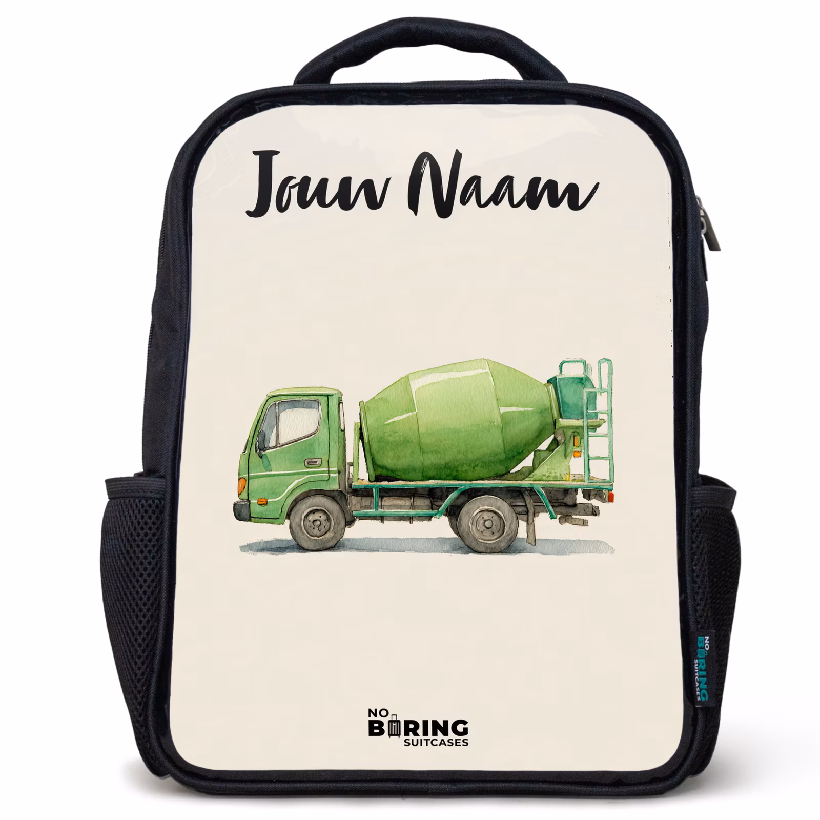 Kinderrugzak met naam - Zwart - Betonmixer - Getekend - Groen — 1