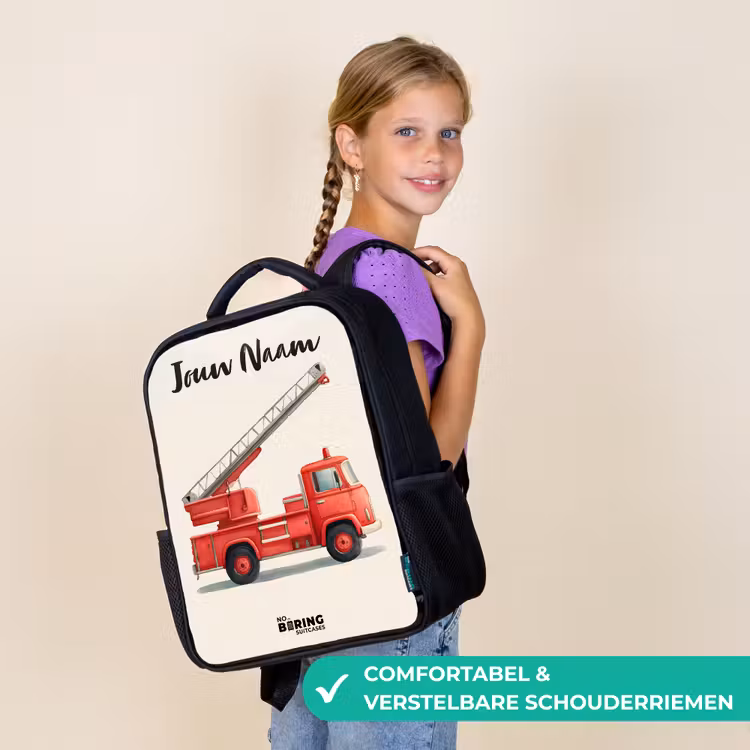 Kinderrugzak met naam - Zwart - Brandweerwagen - Getekend - Rood — 3