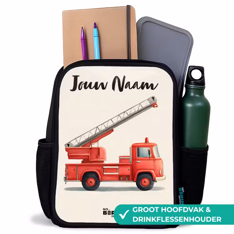 Kinderrugzak met naam - Zwart - Brandweerwagen - Getekend - Rood — 4