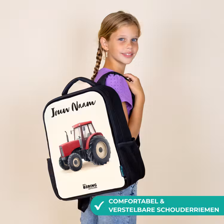 Kinderrugzak met naam - Zwart - Tractor - Getekend - Rood — 3