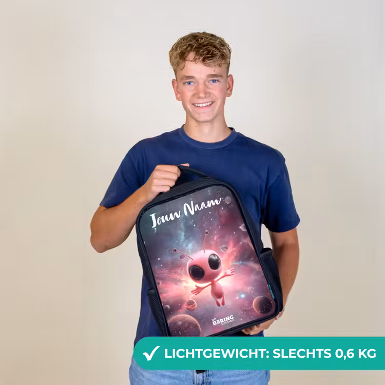 Kinderrugzak met naam - Zwart - Roze Alien in Sterrennevel β 2