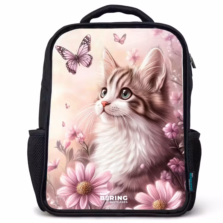 Kinderrugzak - Zwart - Kat - Paars - Vlinders - Bloemen — 1