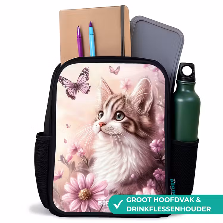 Kinderrugzak - Zwart - Kat - Paars - Vlinders - Bloemen — 4