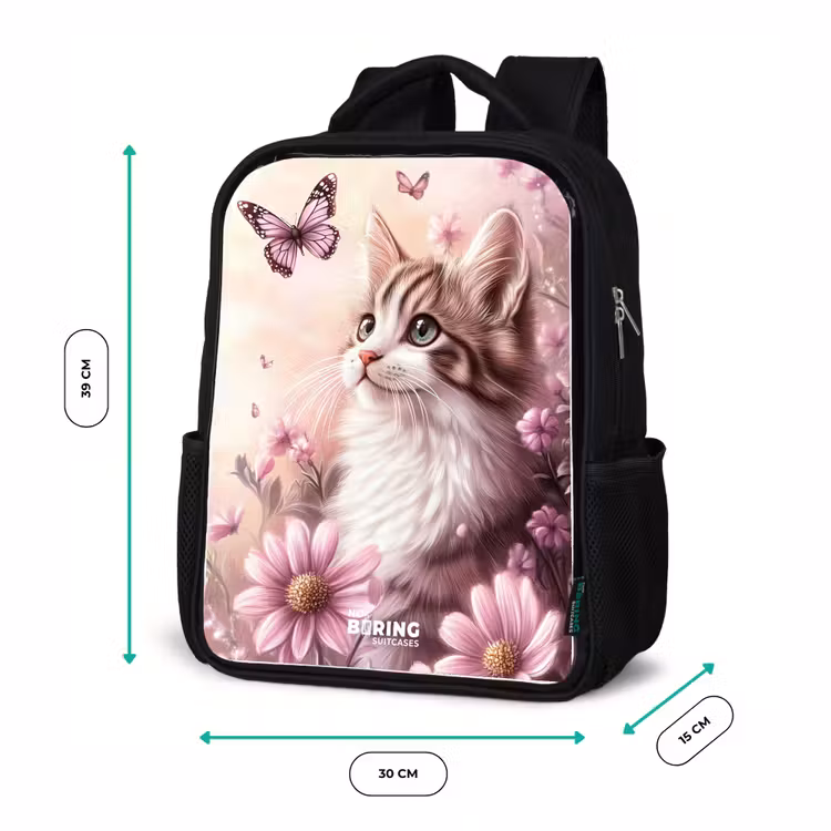 Kinderrugzak - Zwart - Kat - Paars - Vlinders - Bloemen — 5