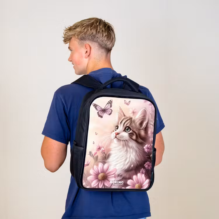 Kinderrugzak - Zwart - Kat - Paars - Vlinders - Bloemen — 6
