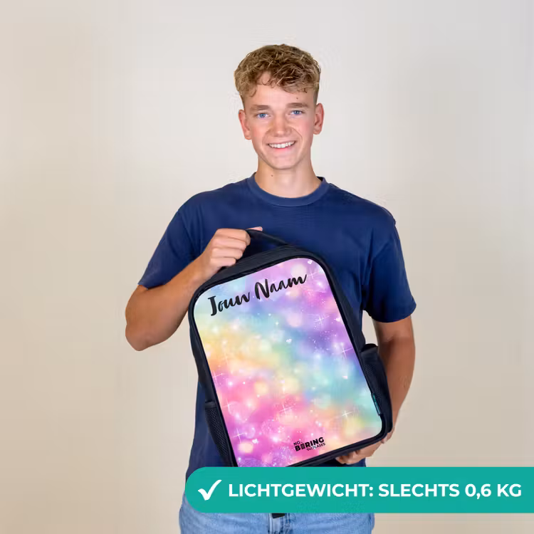 Kinderrugzak met naam - Zwart - Licht - Regenboog - Hartjes — 2