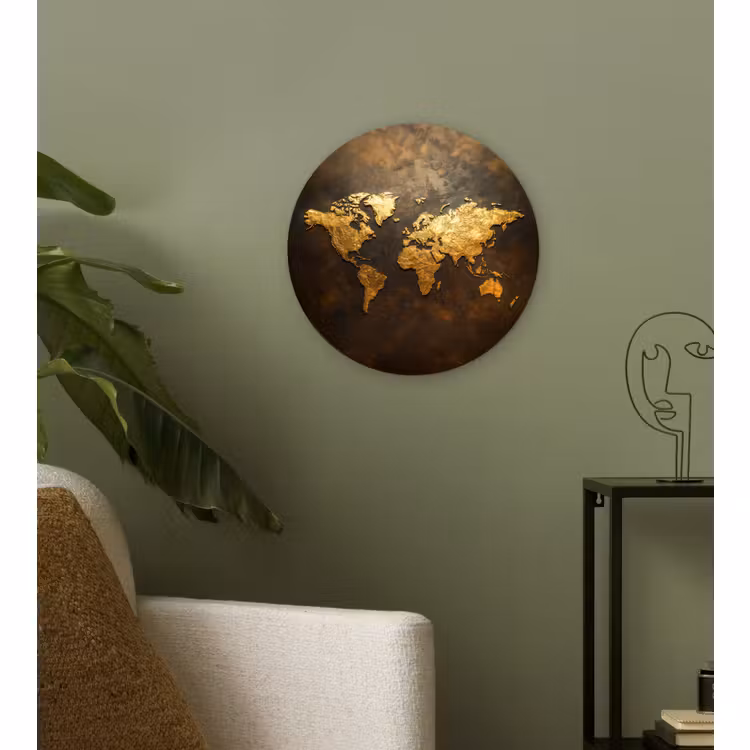 Muurcirkel - Wereldkaart - Goud - Roest — 3