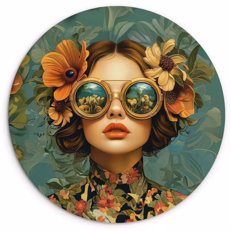 Muurcirkel - Vrouw - Bloemen - Vlinders - Natuur - Vintage — 1