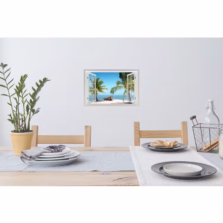 Muursticker - Doorkijk - Strand - Palmboom - Boot - Tropisch - Zee - Blauw — 3
