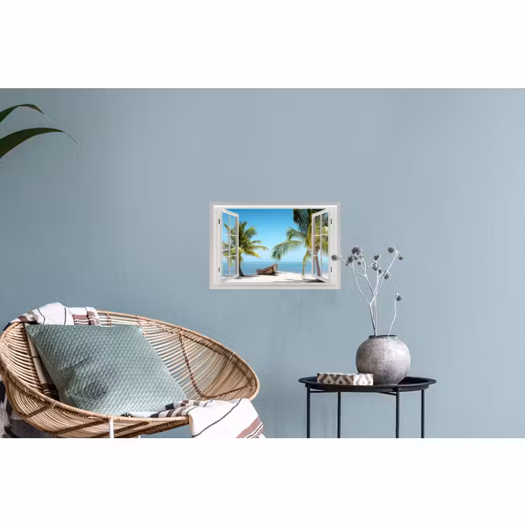 Muursticker - Doorkijk - Strand - Palmboom - Boot - Tropisch - Zee - Blauw — 4