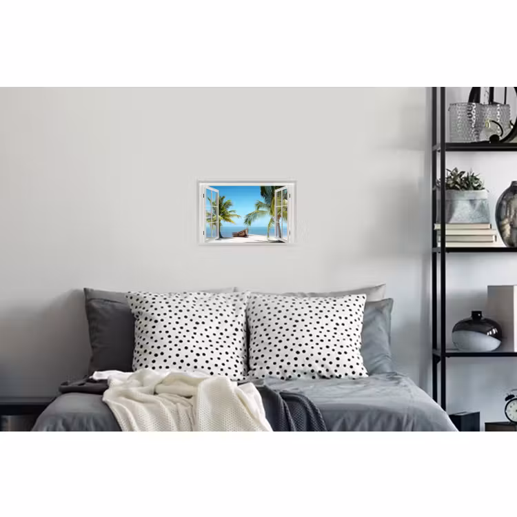 Muursticker - Doorkijk - Strand - Palmboom - Boot - Tropisch - Zee - Blauw — 5