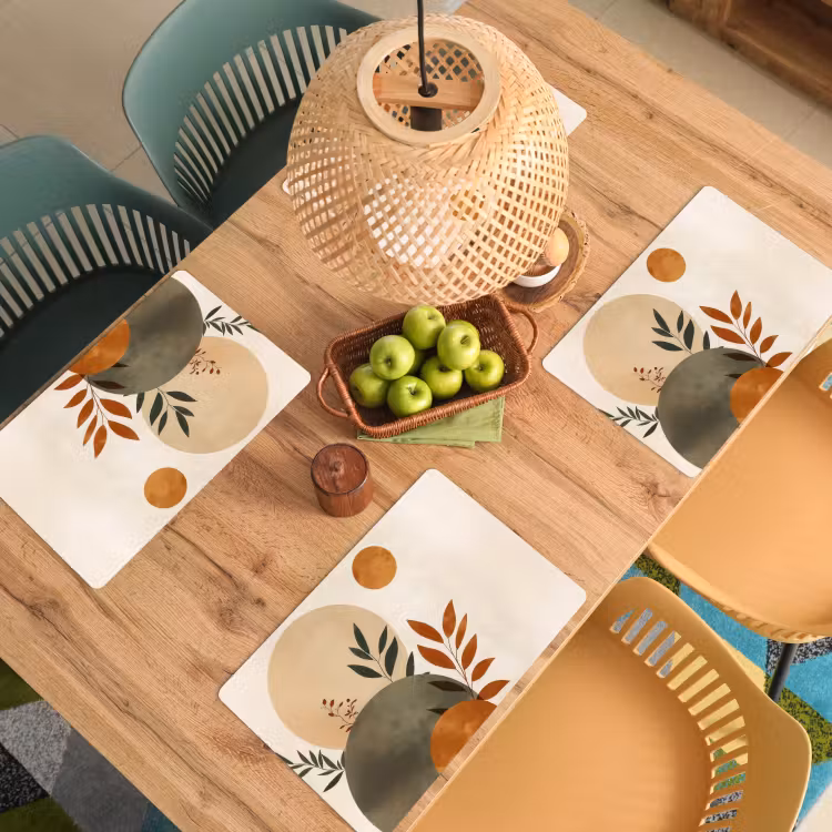 Placemat - 6 stuks - Vormen - Rond - Bladeren - Beige — 4