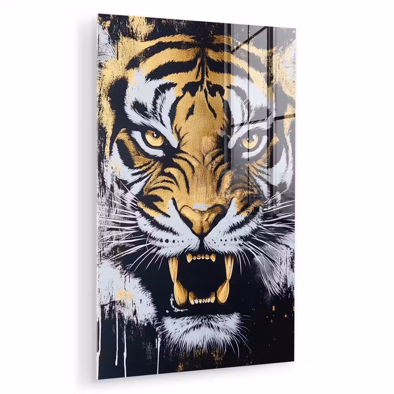 Glas schilderij - Tijger - Verfspatten - Goud — 1