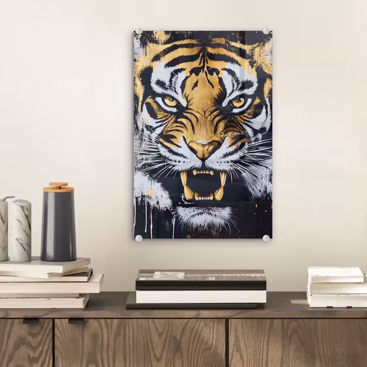 Glas schilderij - Tijger - Verfspatten - Goud — 2