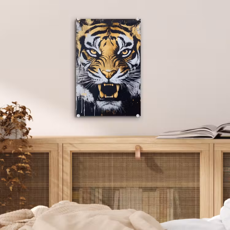 Glas schilderij - Tijger - Verfspatten - Goud — 5