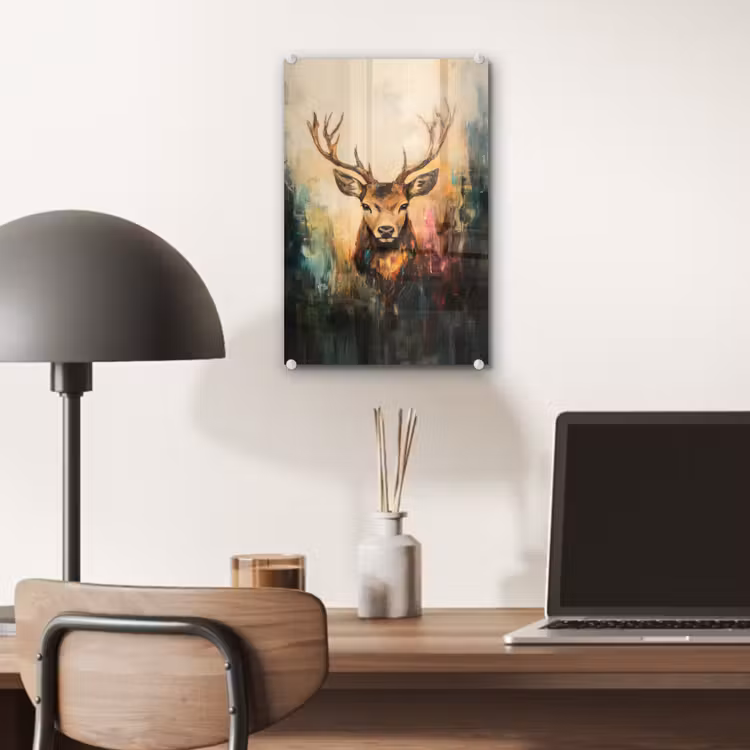 Glas schilderij - Hert - Geverfd - Gewei - Bruin — 7