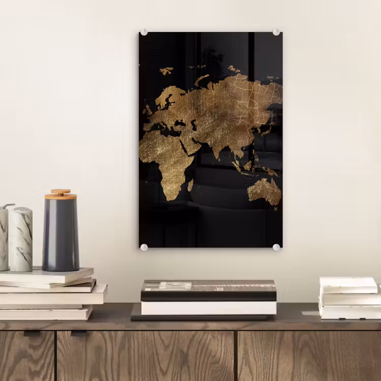 Glas schilderij - Wereldkaart - Goud - Luxe - Aarde - Zwart — 2