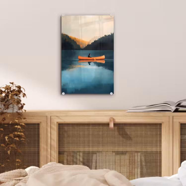 Glas schilderij - Bossen - Meer - Kano - Oranje — 5