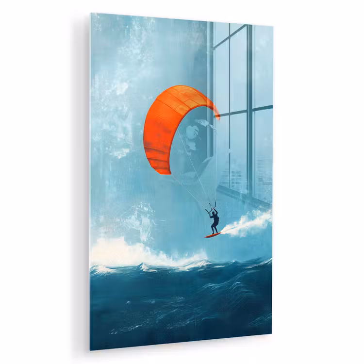 Glas schilderij - Kitesurfer - Oranje - Zee - Lucht — 1