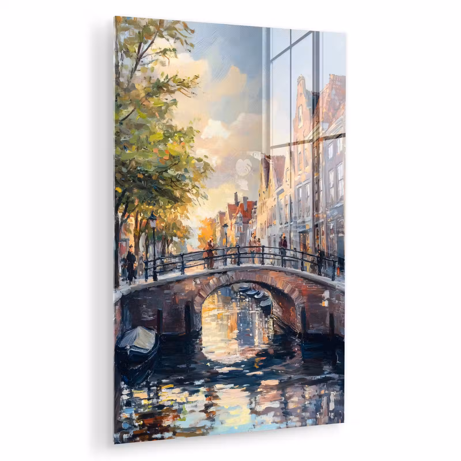 Glas schilderij - Brug - Stad - Huizen - Boot — 1