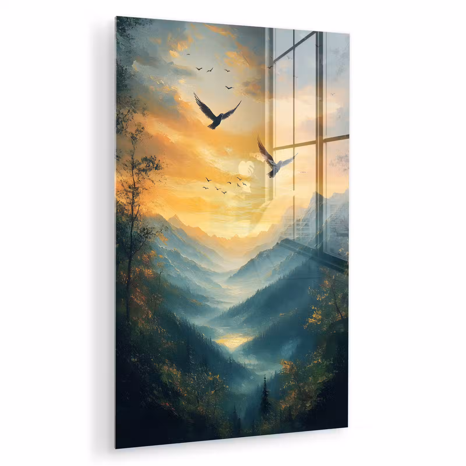 Glas schilderij - Vogels - Zon - Bomen - Groen — 1