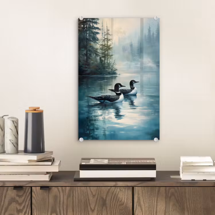 Glas schilderij - Bos - Water - Eenden - Mistig — 2