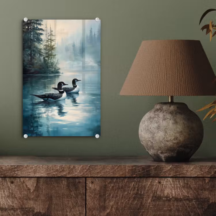 Glas schilderij - Bos - Water - Eenden - Mistig — 4