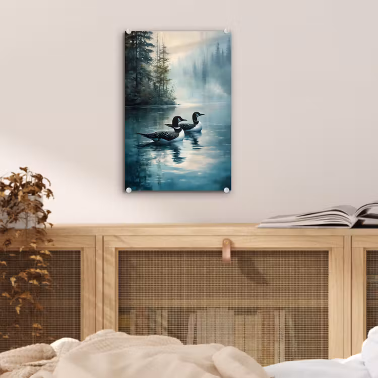Glas schilderij - Bos - Water - Eenden - Mistig — 5