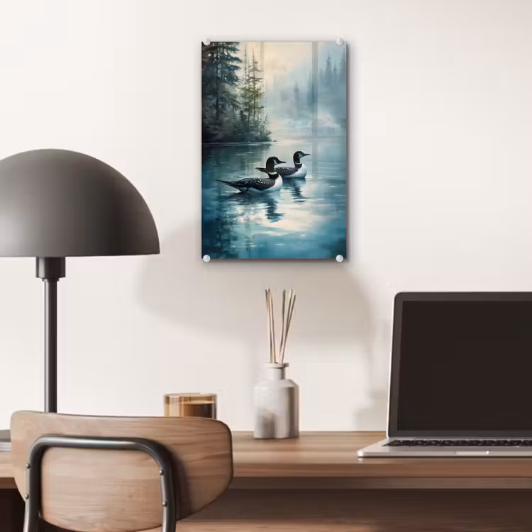 Glas schilderij - Bos - Water - Eenden - Mistig — 7