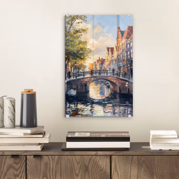 Glas schilderij - Brug - Stad - Huizen - Boot — 2