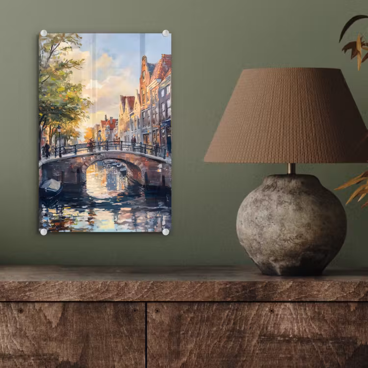 Glas schilderij - Brug - Stad - Huizen - Boot — 4
