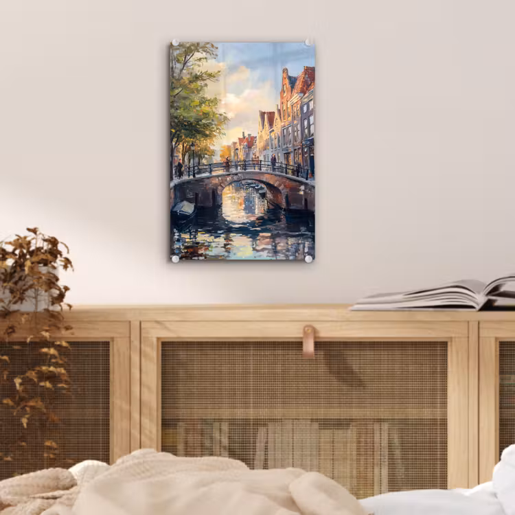 Glas schilderij - Brug - Stad - Huizen - Boot — 5