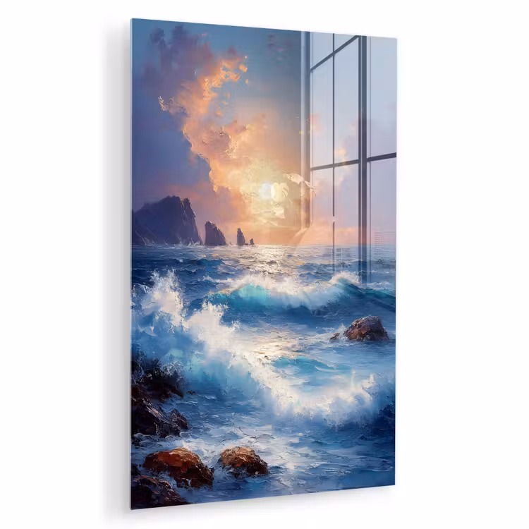 Glas schilderij - Golven - Zee - Kleurrijk - Rotsen — 1