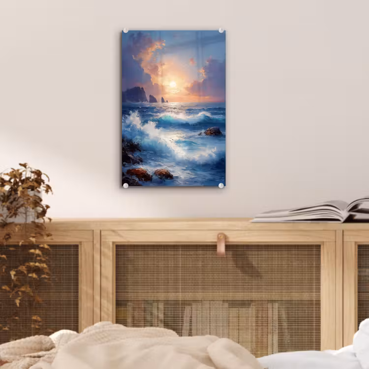 Glas schilderij - Golven - Zee - Kleurrijk - Rotsen — 5