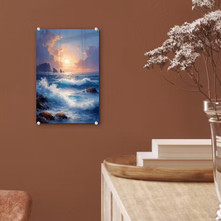 Glas schilderij - Golven - Zee - Kleurrijk - Rotsen — 6