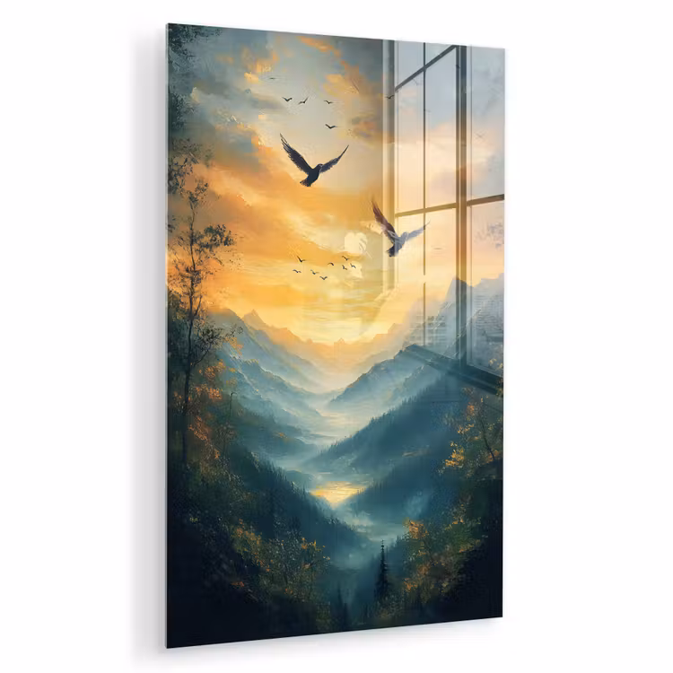 Glas schilderij - Vogels - Zon - Bomen - Groen — 1